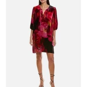 Johnny Was VESNA Silk Blend Velvet Mini Shift Dress | Sz XS, Ruby Red